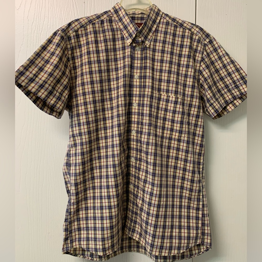 Gianni Valli Casual Dress Shirt Short Sleeve Blue/Red/Yellow Plaid Size l Medium